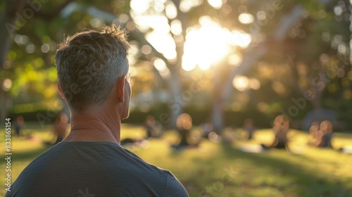 Man sitting in park facing away from camera with sun shining through trees creating a peaceful and serene atmosphere.