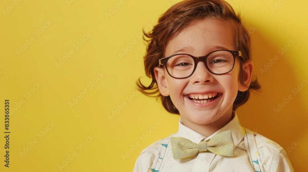 Portrait of a smiling child with glasses and bow tie, yellow background, cheerful and vibrant, bright and detailed Portrait of a smiling child with glasses and bow tie, yellow background, cheerful and vibrant, bright and detailed