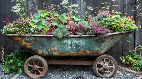 An old wheelbarrow no longer usable for its original purpose has been repainted and transformed into a large planter for a variety of plants. photo