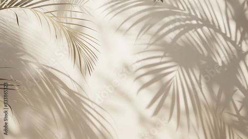 Design a neutral background with shadows of tropical leaves  similar to the uploaded image. Emphasize the tranquil and calming effect created by the simple  yet beautiful  play of light and shadow