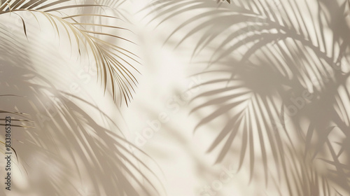 Design a neutral background with shadows of tropical leaves, similar to the uploaded image. Emphasize the tranquil and calming effect created by the simple, yet beautiful, play of light and shadow