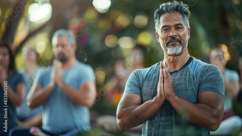 A man with a beard and gray hair wearing a blue shirt sits with his hands clasped together in a meditative pose surrounded by a group of people in a serene blurred outdoor setting.