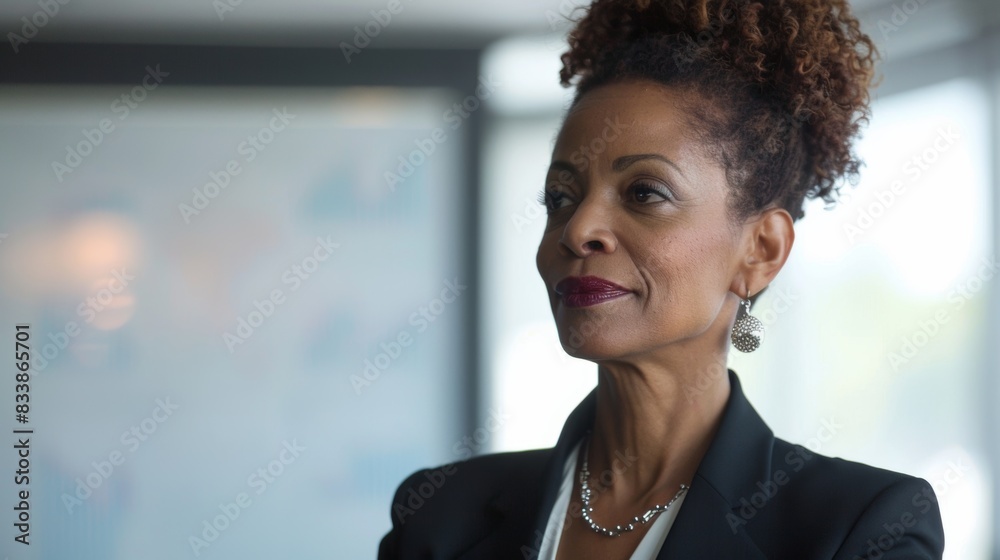A poised woman with a confident expression wearing a black blazer and a silver necklace standing in a well-lit room with a blurred background. A poised woman with a confident expression wearing a black blazer and a silver necklace standing in a well-lit room with a blurred background.