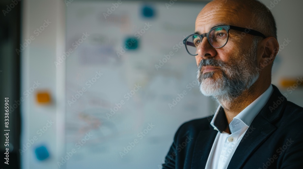 A contemplative man with glasses and a beard wearing a suit looking off to the side. A contemplative man with glasses and a beard wearing a suit looking off to the side.