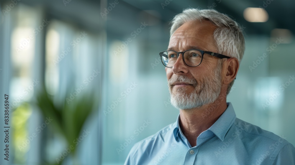 A man with a gray beard and glasses wearing a blue shirt standing in front of a window with a blurred green plant in the foreground. A man with a gray beard and glasses wearing a blue shirt standing in front of a window with a blurred green plant in the foreground.