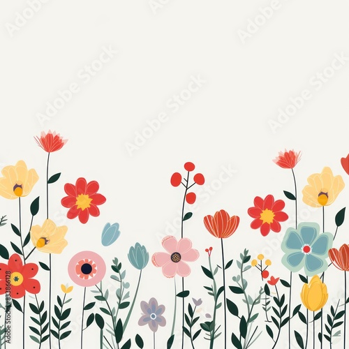 Cute cartoon flower border on a light  background  vector  clean flower summer spring greetings card wedding birthday template mockup banner design digital