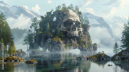 A fir forest island with a huge dead-skull on the rocks. 