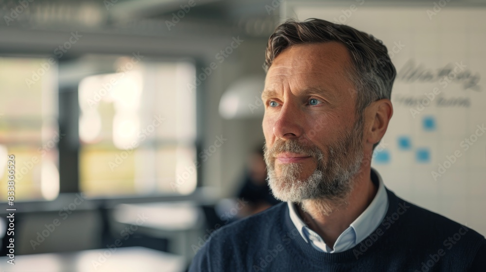 A man with a beard and gray hair wearing a blue sweater sitting in a brightly lit room with a window and a whiteboard in the background. A man with a beard and gray hair wearing a blue sweater sitting in a brightly lit room with a window and a whiteboard in the background.