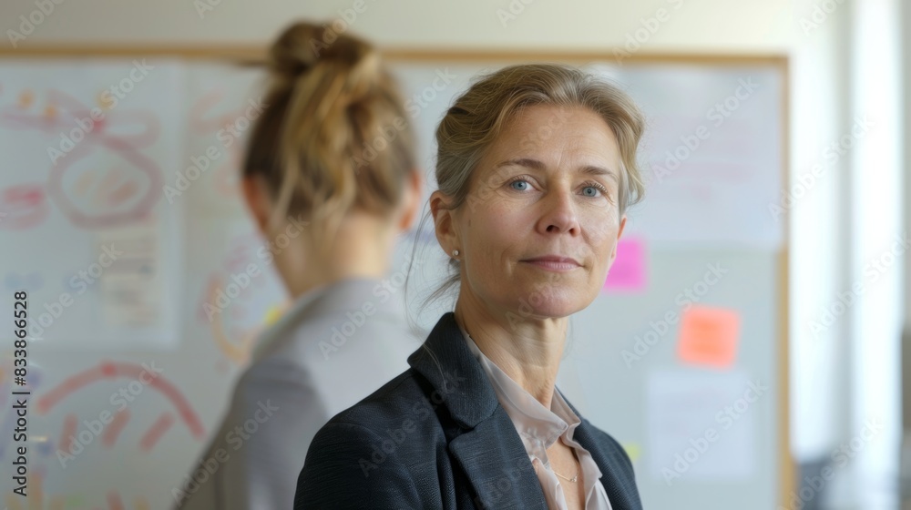 Woman in business attire with a focused expression standing in front of a whiteboard with notes and diagrams suggesting a professional or educational setting. Woman in business attire with a focused expression standing in front of a whiteboard with notes and diagrams suggesting a professional or educational setting.