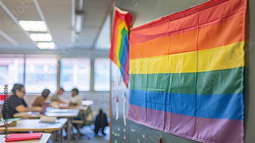 A rainbow flag is displayed in a classroom