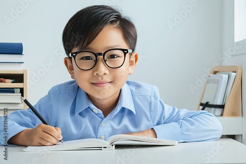 A cute Asian boy in spectacles engrossed in his studies at a white desk in a bright interior.