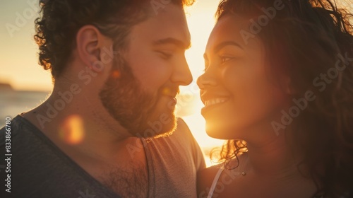 A couple sharing a tender moment with the sun setting behind them casting a warm glow on their faces.