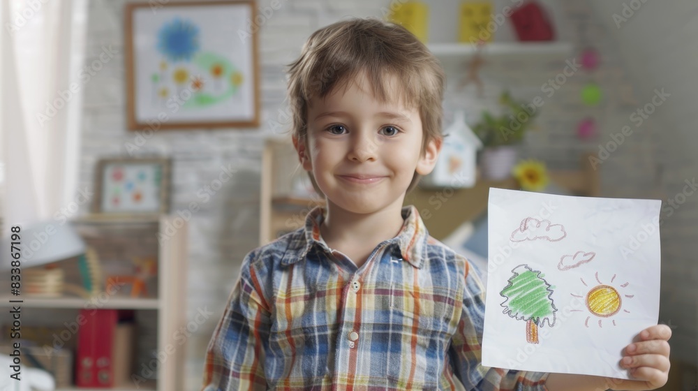 A young boy in a plaid shirt proudly holding a colorful drawing of a tree and sun. A young boy in a plaid shirt proudly holding a colorful drawing of a tree and sun.