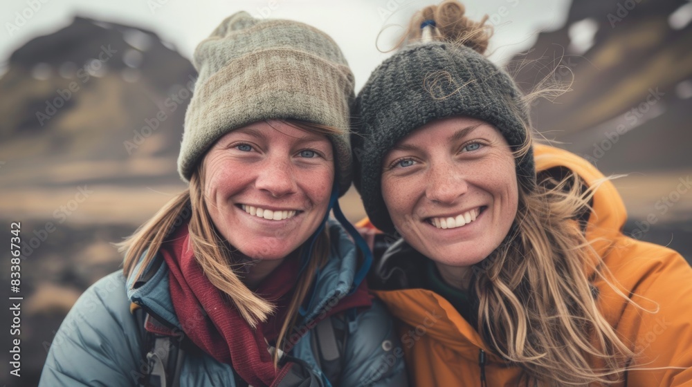 Two women smiling at the camera wearing winter hats and jackets standing in front of a mountainous landscape.