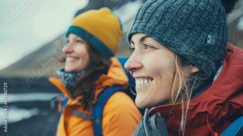 Two women smiling wearing winter clothing and beanies standing outdoors with backpacks enjoying a moment together.