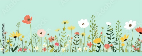 Cute cartoon flower border on a light background, vector, clean flower summer spring greetings card wedding birthday template mockup banner design digital