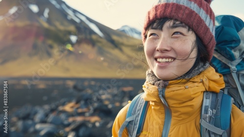 A joyful hiker bundled up in a yellow jacket and a red beanie stands on a rocky mountain trail gazing upwards with a smile surrounded by a breathtaking landscape of snow-capped peaks and a clear sky. © iuricazac