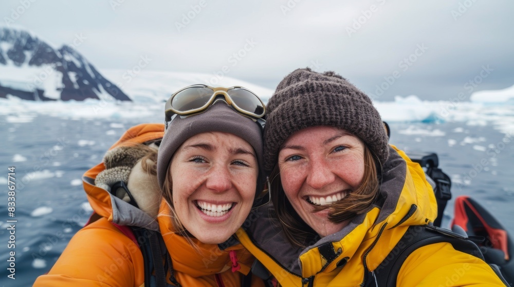 Two women smiling at the camera wearing winter gear with a backdrop of a snowy mountain and icy water suggesting an adventurous outdoor activity in a cold environment. Two women smiling at the camera wearing winter gear with a backdrop of a snowy mountain and icy water suggesting an adventurous outdoor activity in a cold environment.