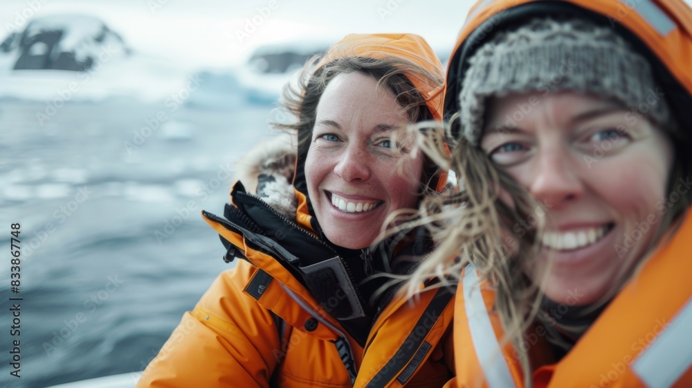 Two smiling women in orange jackets and hats standing on a boat with a backdrop of icy waters and distant icebergs.