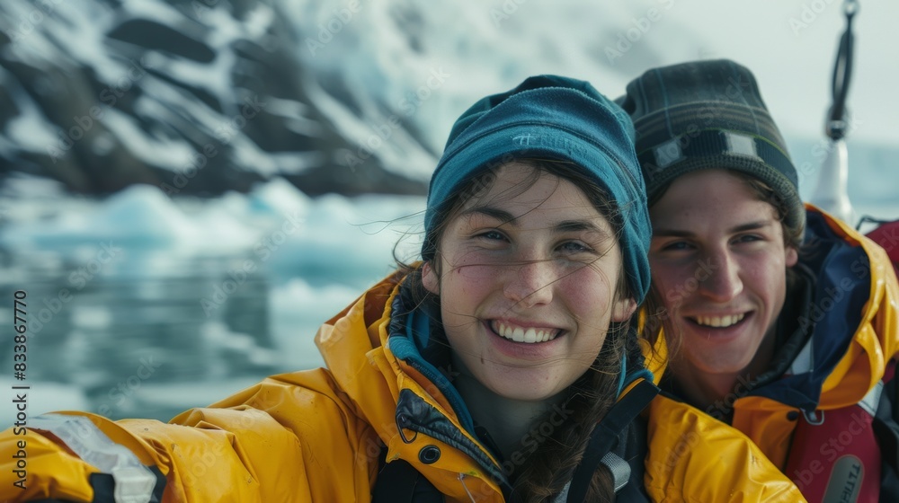 Two adventurers posing for a selfie in a snowy mountainous landscape wearing winter gear and smiling with a blurred background of ice and snow. Two adventurers posing for a selfie in a snowy mountainous landscape wearing winter gear and smiling with a blurred background of ice and snow.