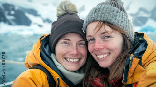 Two smiling women in winter gear posing for a selfie with a backdrop of snow-covered mountains and a frozen sea.