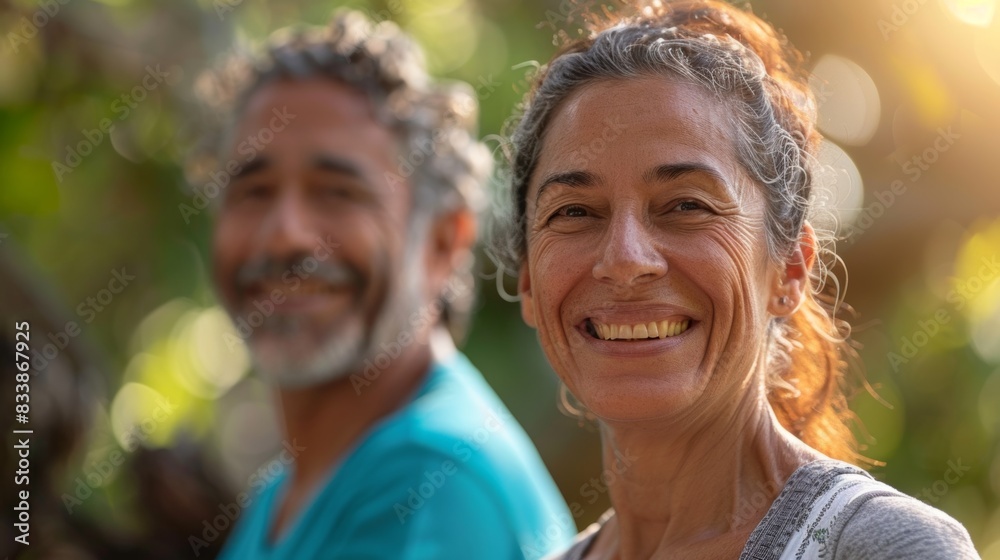 A joyful couple smiling brightly sharing a moment of happiness in a blurred natural setting. A joyful couple smiling brightly sharing a moment of happiness in a blurred natural setting.