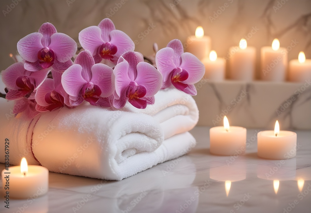 Pink orchid flowers on a white towel with lit candles Pink orchid flowers on a white towel with lit candles