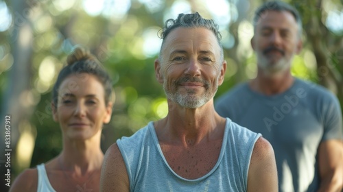 The image shows a man with a beard and gray hair smiling at the camera. He is wearing a sleeveless top and is standing in a natural setting
