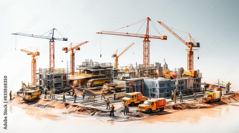 A busy construction site with cranes, bulldozers, and workers in hard hats A busy construction site with cranes, bulldozers, and workers in hard hats