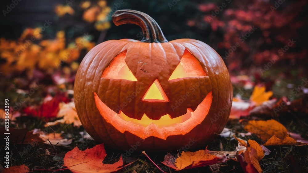 Spooky Halloween pumpkin, carved with a grinning face, sitting on a wooden porch step. The pumpkin glows from within Spooky Halloween pumpkin, carved with a grinning face, sitting on a wooden porch step. The pumpkin glows from within