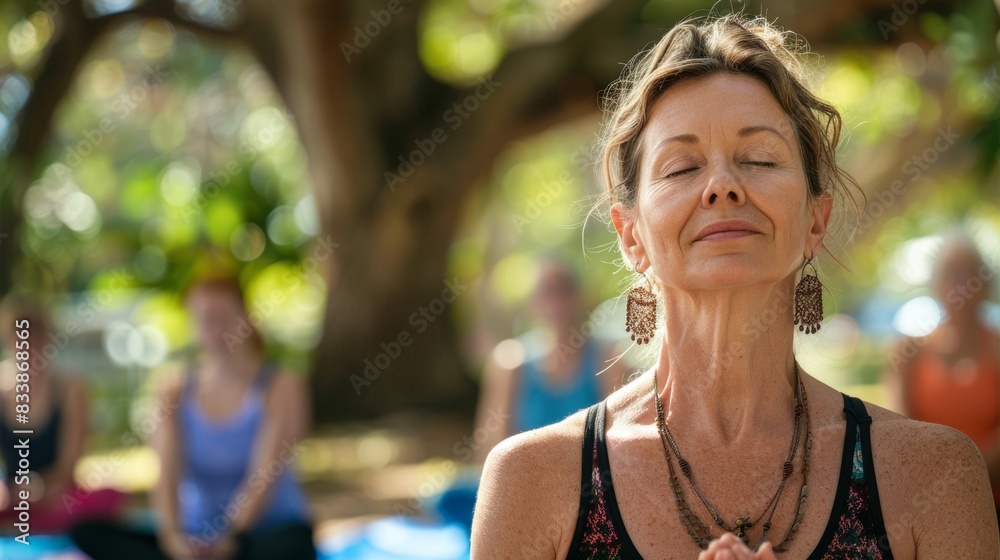 Woman in meditation with closed eyes wearing a necklace surrounded by blurred figures in a serene outdoor setting. Woman in meditation with closed eyes wearing a necklace surrounded by blurred figures in a serene outdoor setting.