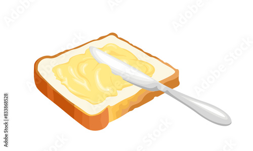 Spreading butter on toast bread with knife. Vector cartoon illustration of food.