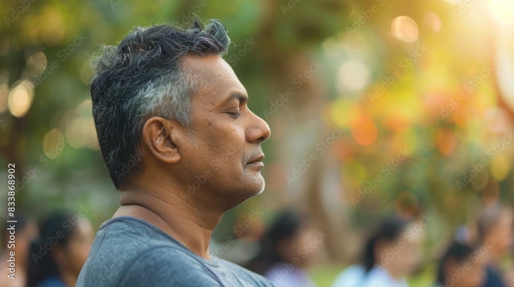 A man with closed eyes possibly meditating or praying surrounded by a crowd of people in a blurred background suggesting a gathering or event. A man with closed eyes possibly meditating or praying surrounded by a crowd of people in a blurred background suggesting a gathering or event.