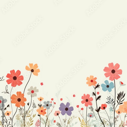 Cute cartoon flower border on a light  background  vector  clean flower summer spring greetings card wedding birthday template mockup banner design digital