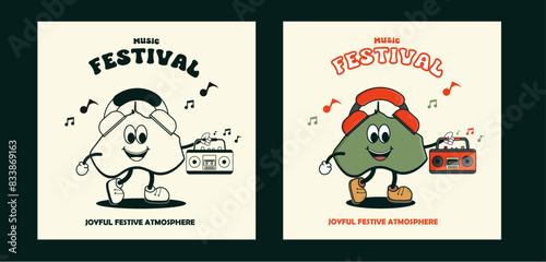 Funny Puy de Dôme character with music festival typography. Puy de dôme character with headset and holding a radio set. Puy de dôme volcano. Cartoon style. Listen to music. Music festival - vector