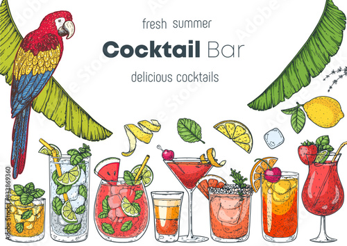Alcoholic cocktails frame. Hand drawn vector illustration. Tropical Cocktails sketch set. Engraved style.