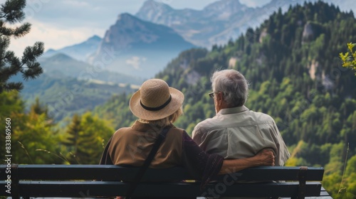 An elderly couple hand in hand sitting on a bench enjoying a serene mountain view.