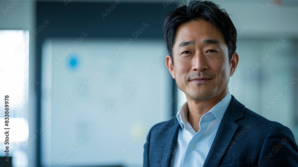 Fototapeta premium A professional man in a suit smiling confidently standing in an office with a whiteboard in the background.
