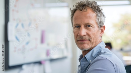 A middle-aged man with graying hair and a beard wearing a blue shirt standing in an office with a whiteboard in the background.