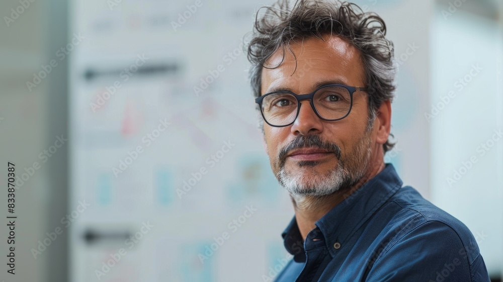 A man with graying hair and a beard wearing glasses and a blue shirt standing in front of a whiteboard with diagrams and text. A man with graying hair and a beard wearing glasses and a blue shirt standing in front of a whiteboard with diagrams and text.