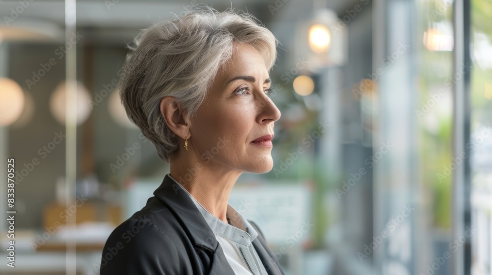 A woman with short gray hair wearing a black blazer gazing out of a window with a contemplative expression. A woman with short gray hair wearing a black blazer gazing out of a window with a contemplative expression.