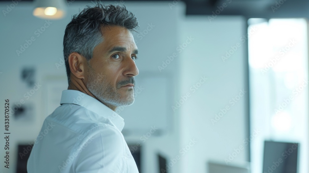 Man with graying hair serious expression wearing white shirt standing in modern office with natural light. Man with graying hair serious expression wearing white shirt standing in modern office with natural light.