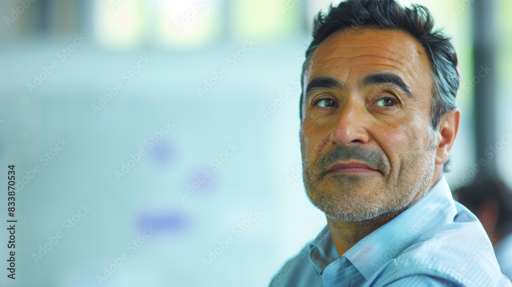 Fototapeta premium Man with graying hair looking to the side wearing a light blue shirt with a thoughtful expression.