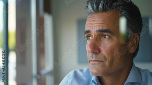 Man with graying hair deep-set eyes and a thoughtful expression looking out of a window with a slight frown.