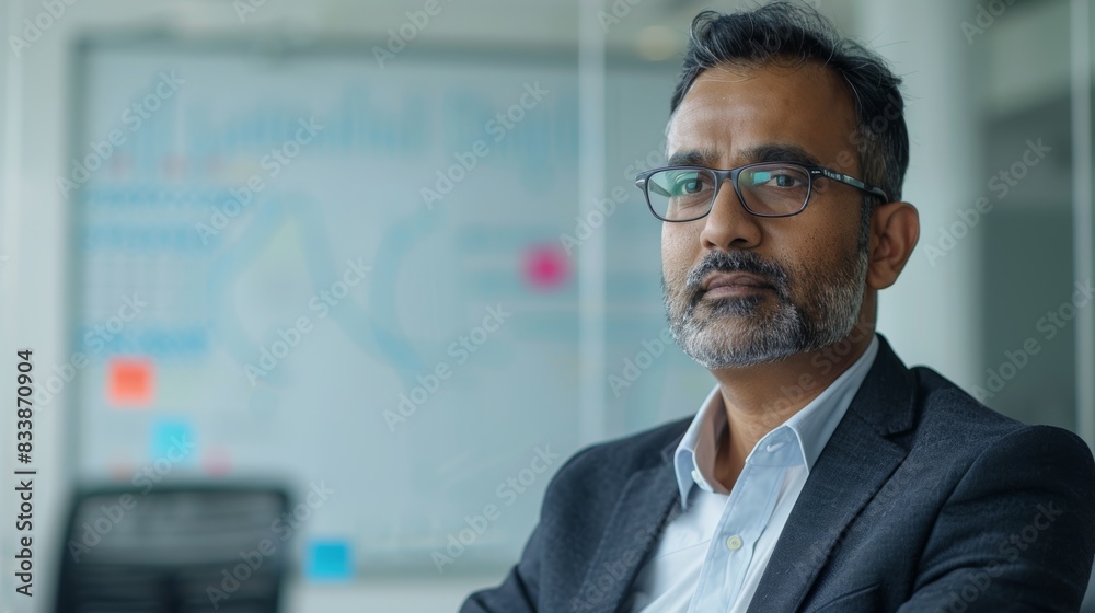 A man with a beard and glasses wearing a suit sitting in an office with a whiteboard in the background.
