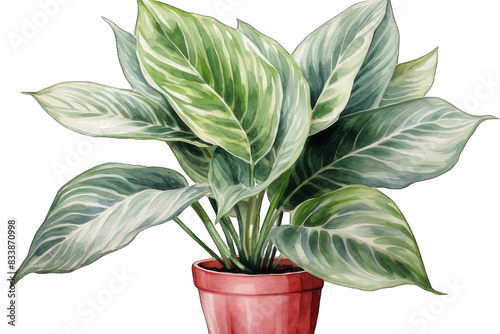 Vibrant houseplant with green and white variegated leaves in a red pot, perfect for indoor decor and adding a touch of nature to your space. photo