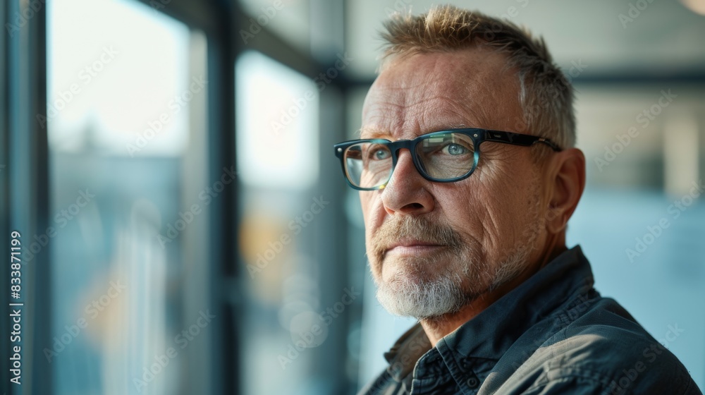 A man with gray hair and a beard wearing glasses looking contem plative with a window in the background. A man with gray hair and a beard wearing glasses looking contem plative with a window in the background.