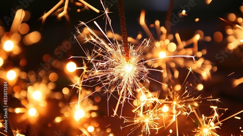 shining sparklers illuminating with golden glow on black, festive events and celebration background.