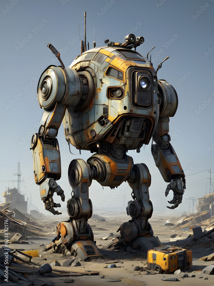 Laufender Roboter mit Rost und Schäden Laufender Roboter mit Rost und Schäden