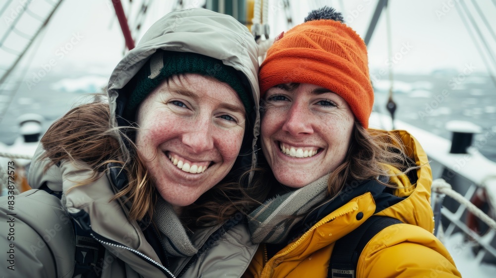 Two women smiling bundled up in winter gear sitting on a boat surrounded by icy water and distant icebergs enjoying a chilly adventure. Two women smiling bundled up in winter gear sitting on a boat surrounded by icy water and distant icebergs enjoying a chilly adventure.